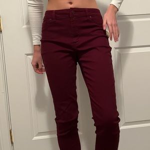 slim burgundy trousers